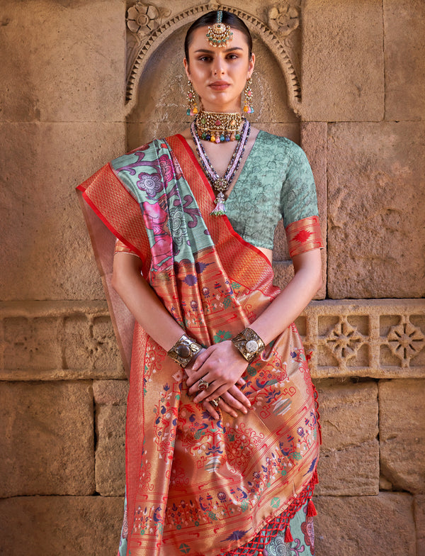 Pale Paithani Silk Saree with Digital Print