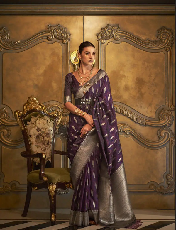 Purple Pure Satin Handloom Weaving Silk Saree