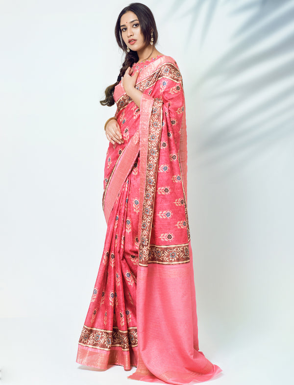 Rose Pink Pure Silk Saree with Ajrakh Print