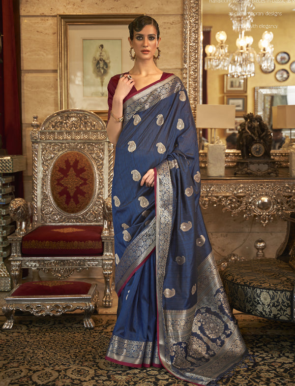 Blue Tussar Silk Weaving Saree