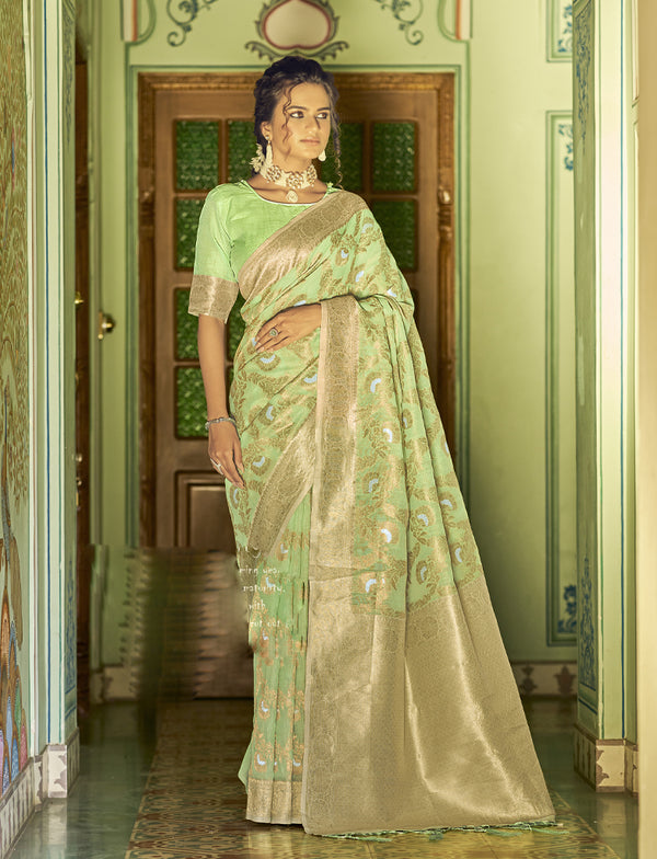 Green Pure Linen Silk Saree