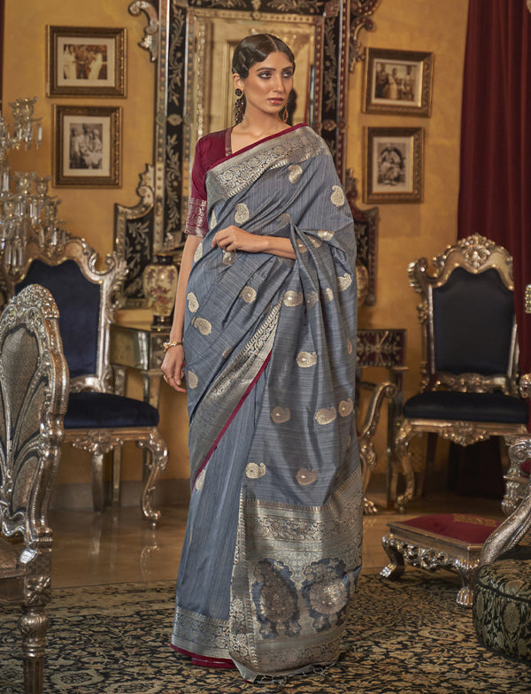 Grey Tussar Silk Weaving Saree