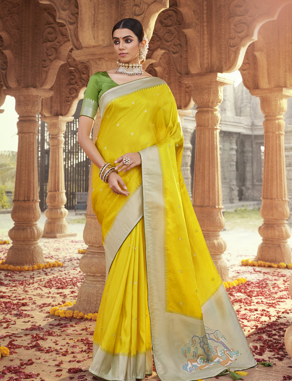 Yellow Pure Sattin Paithani Silk Saree
