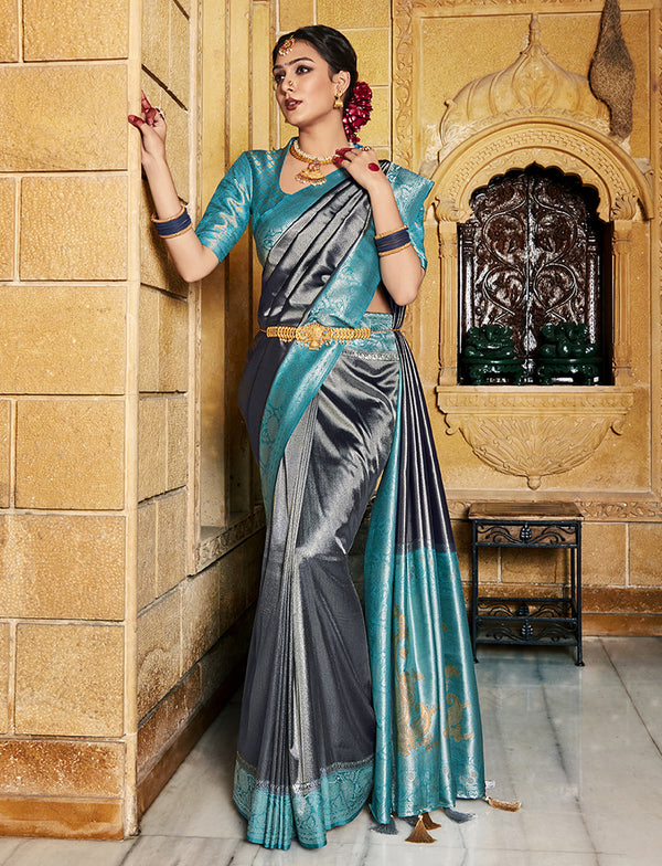 Bright Grey Soft Silk Saree with Chhap dying