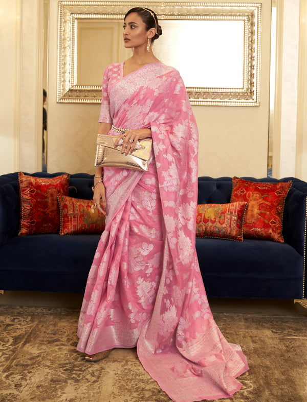 Pink Lucknowi Woven Cotton Saree