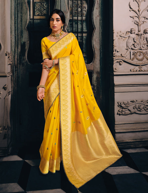 Yellow Pure Tissue Silk With Mina Weaving