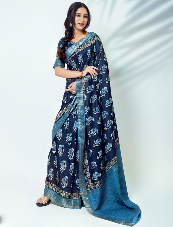 Dark Blue Pure Silk Saree with Ajrakh Print