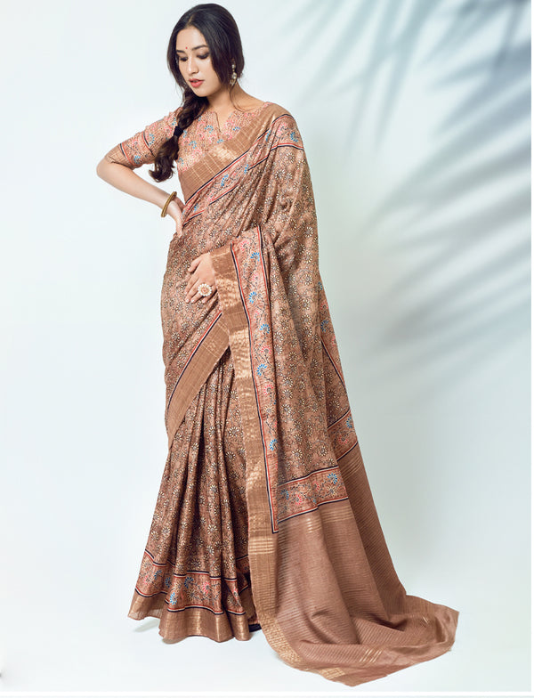 Oyster Pink Pure Silk Saree with Ajrakh Print