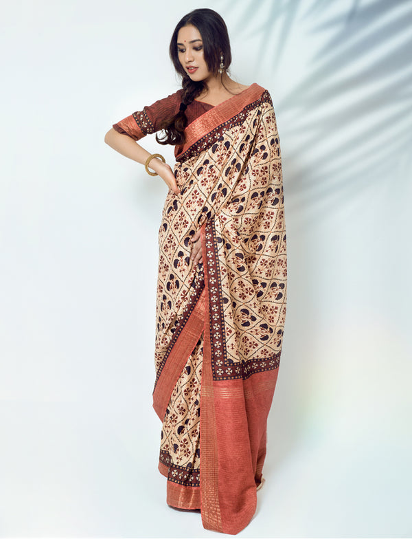 Cashmere Pure Silk Saree with Ajrakh Print