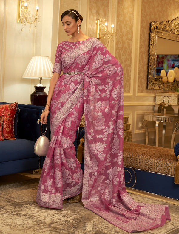 Alluring Pink Lucknowi Woven Cotton Saree