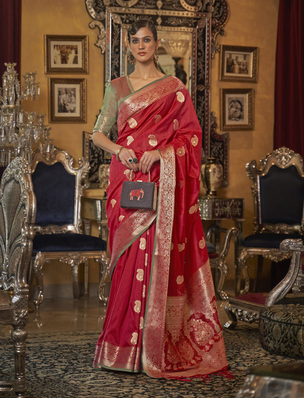 Red Tussar Silk Weaving Saree
