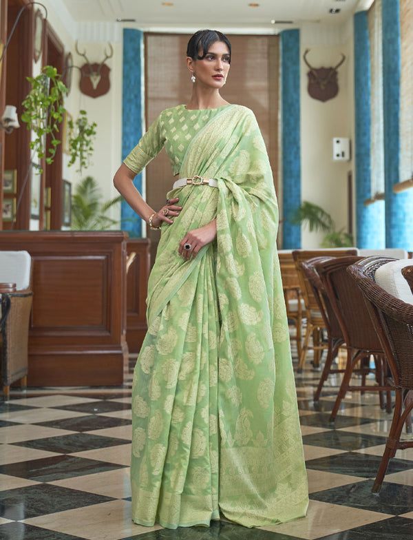 Pale Olive Green Lucknowi Chikankari Weaving Saree