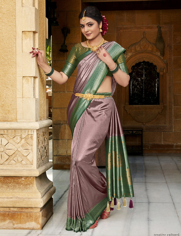 Dusty Grey Soft Silk Saree with Chhap dying