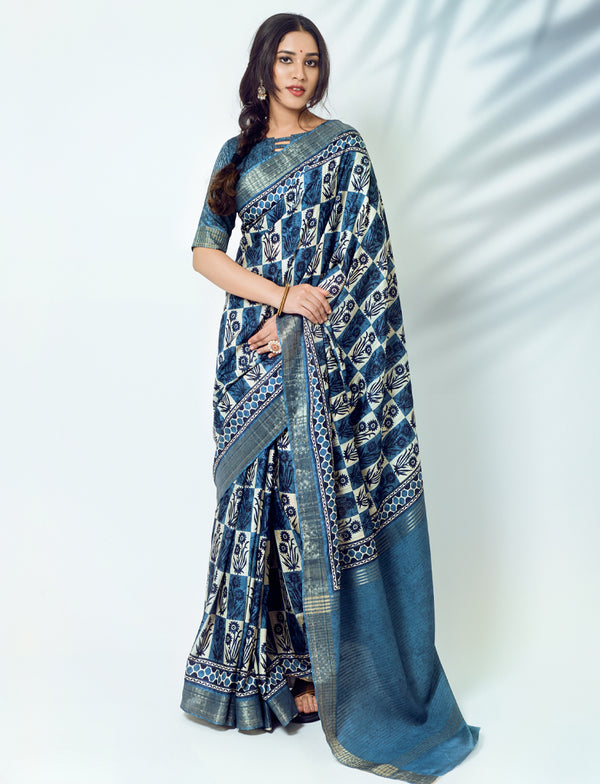Dull Blue Pure Silk Saree with Ajrakh Print