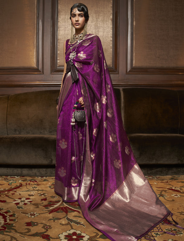 Grape Purple Handloom Weaving Silk Saree