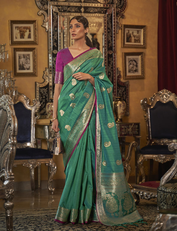Greenish Cyan Tussar Silk Weaving Saree