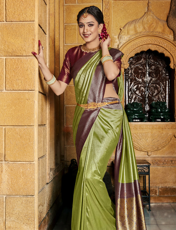 Pale Olive Soft Silk Saree with Chhap dying