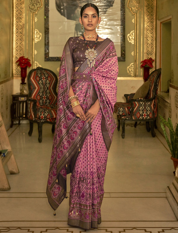 Pinkish Tan Printed Patola Silk with Designer Border