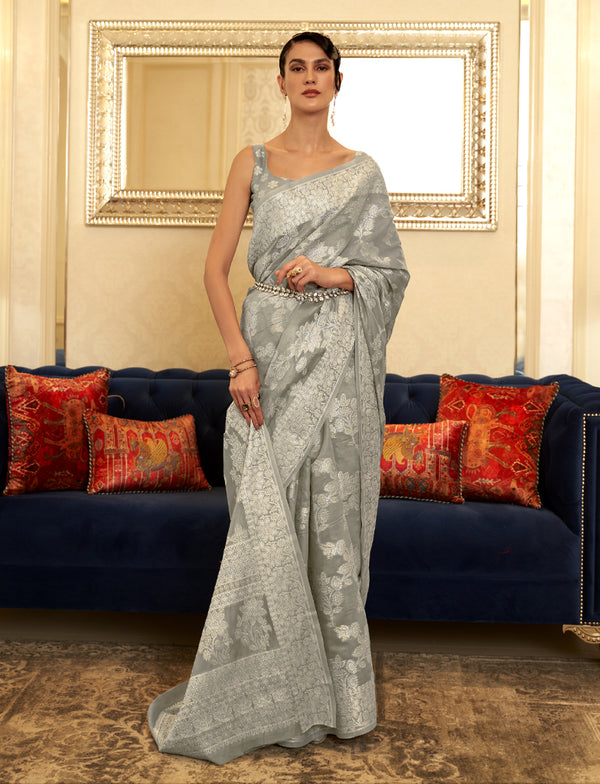 Silver Grey Lucknowi Woven Cotton Saree