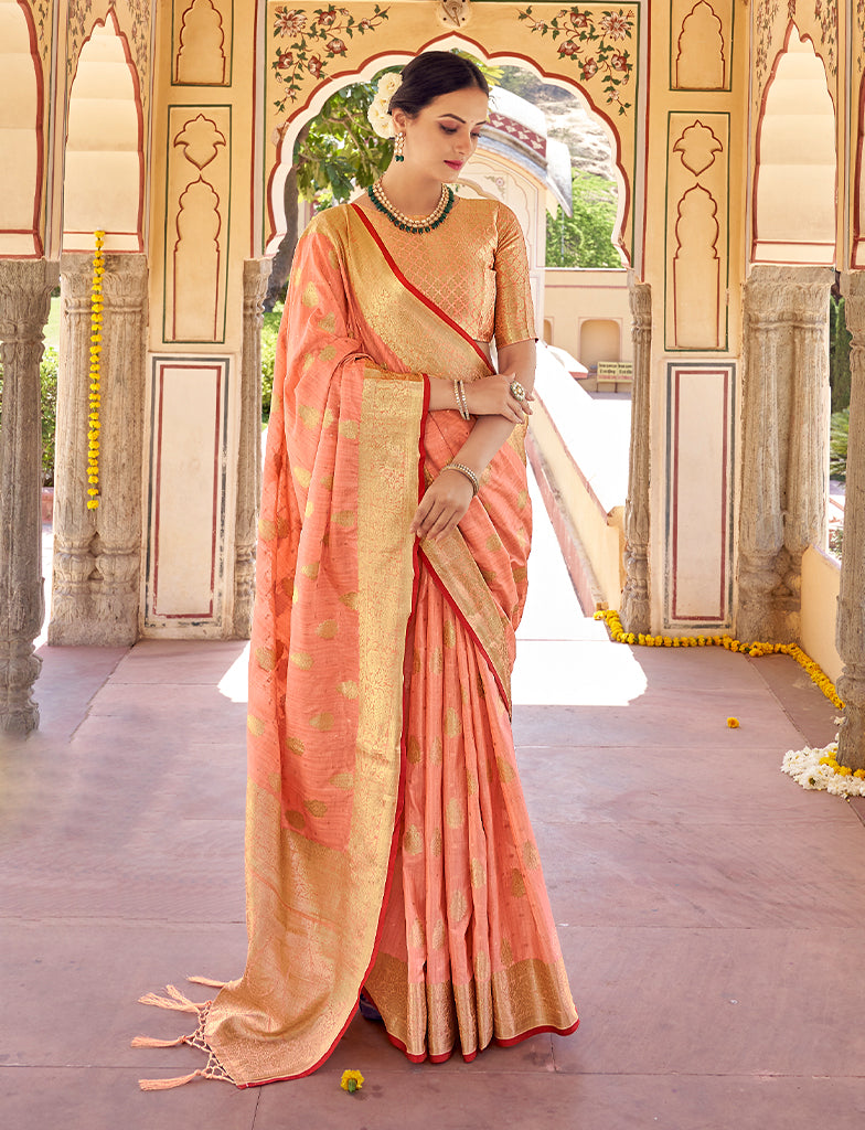 Coral Pink Color Weaving Silk Saree | Meena Bazaar Products