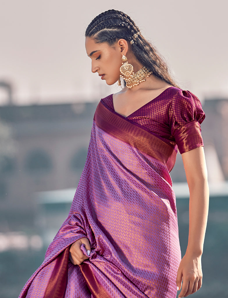 Pastel Purple Tussar Silk Copper Zari Handloom Woven Saree | Kolour