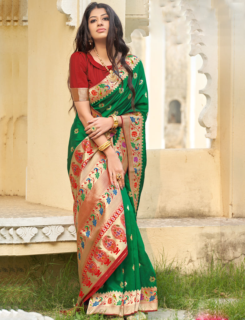 Red green woven design pure bandhej silk saree with blouse - ANAITA -  4188787