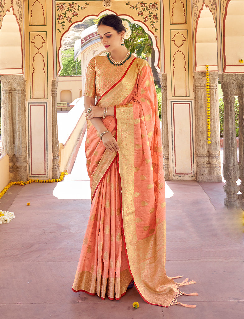 Coral pink printed silk saree for wedding - G3-WSA52837 | G3fashion.com